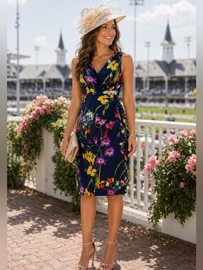 Lauren Ralph Lauren Navy Multi Floral Dress Womens Sz 12P Petite Kentucky Derby